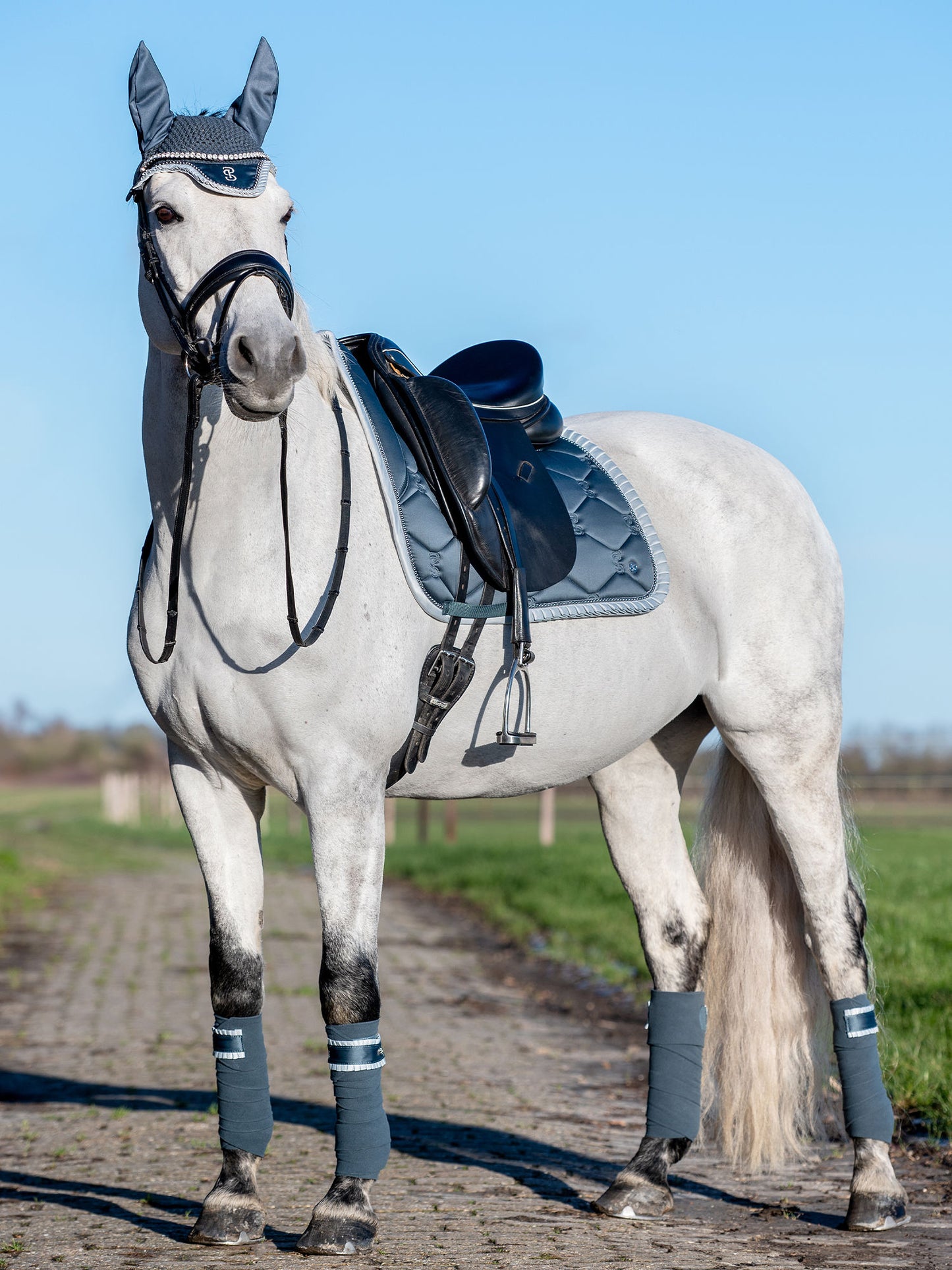 PS of Sweden -  Limited Edition Pearl Ruffle Dressage Saddlepad & Bandages Set - Storm Blue