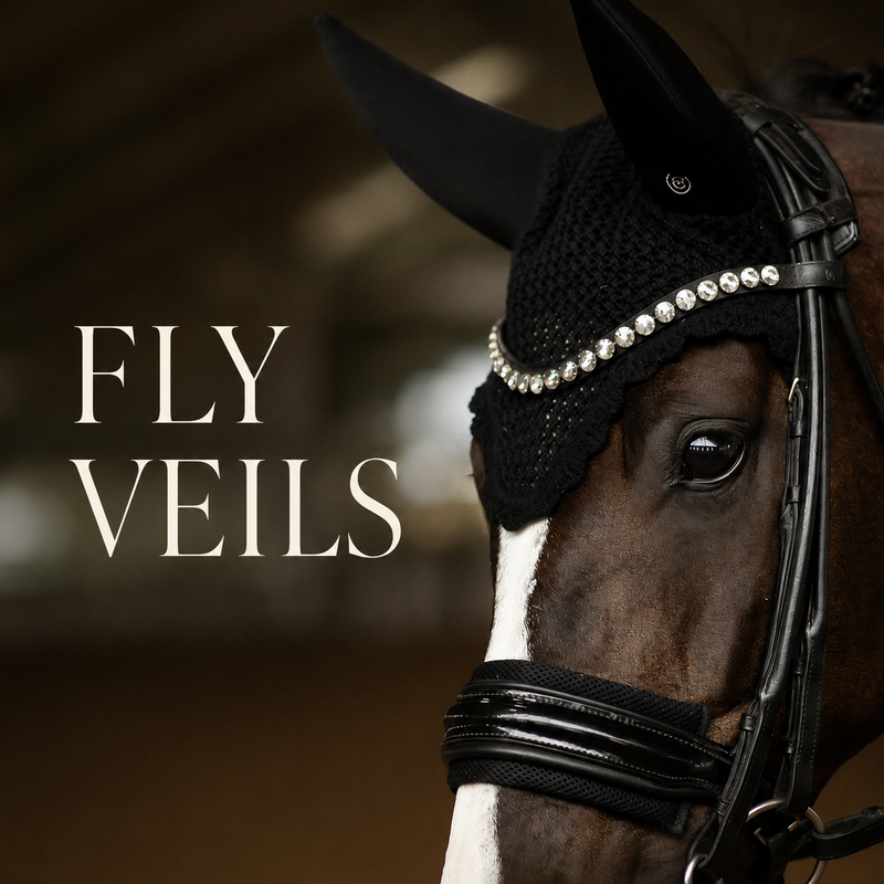 A close-up of a horse wearing a black knit fly veil with a row of white rhinestones, along with a bridle in an indoor stable setting. Large text on the left reads 'FLY VEILS'.