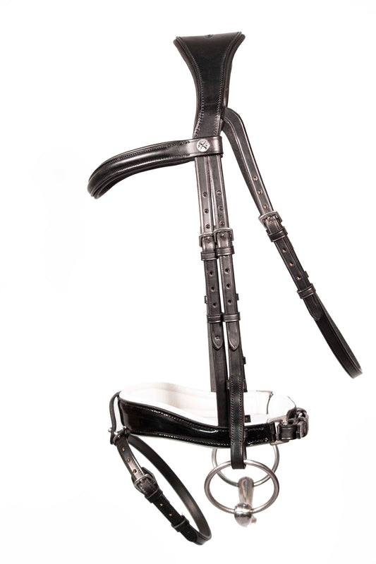 Henry James Saddlery -  Patent/White piped Dressage Bridle - Black Leather